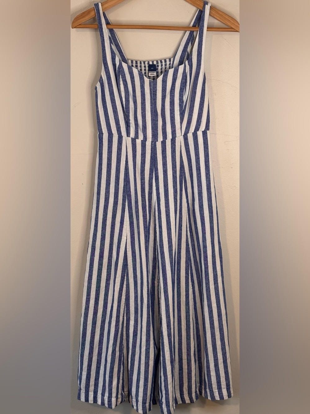 Old Navy Blue White Linen-Blend Striped Square Neck Smocked Midi Sundress XS